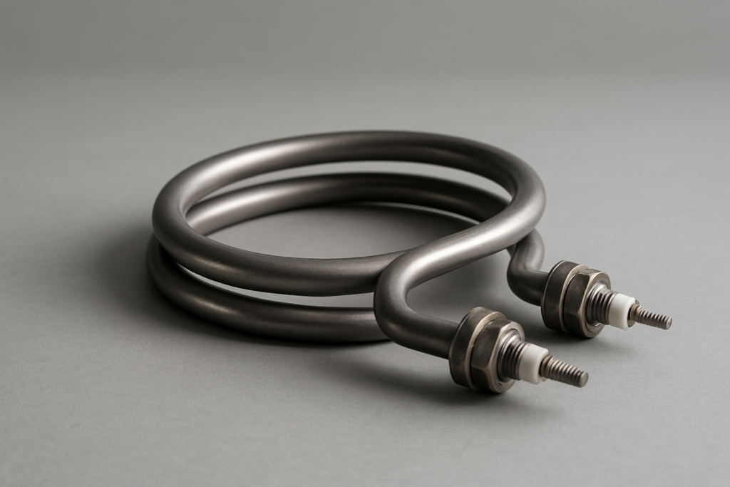 Resistenza elettrica tubolare in acciaio inox per forni professionali HoReCa, isolata su sfondo grigio studio