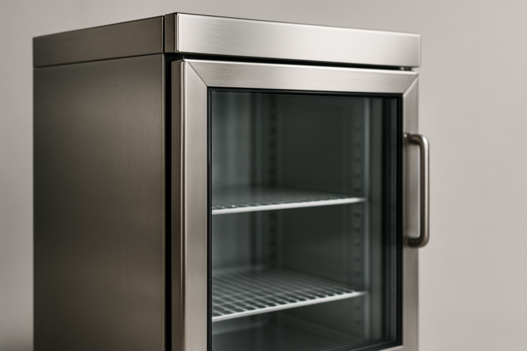 Vetrocamera: porta a doppio vetro di vetrina refrigerata professionale con intercapedine isolante visibile, nessuna condensa esterna