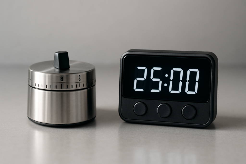 Timer da cucina professionale: cronometro meccanico in acciaio e timer digitale a LED su sfondo grigio neutro da studio