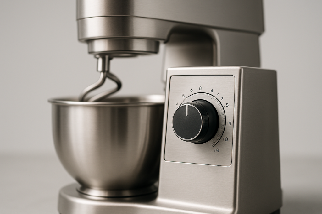 Variatore elettronico: impastatrice professionale in acciaio inox con manopola di regolazione continua della velocità in primo piano