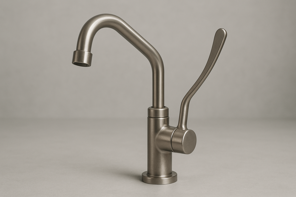 Miscelatore monoforo a leva clinica in acciaio inox per lavello professionale, finitura spazzolata su sfondo grigio neutro