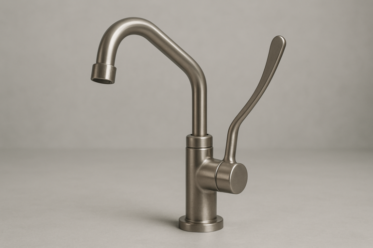Miscelatore monoforo a leva clinica in acciaio inox per lavello professionale, finitura spazzolata su sfondo grigio neutro