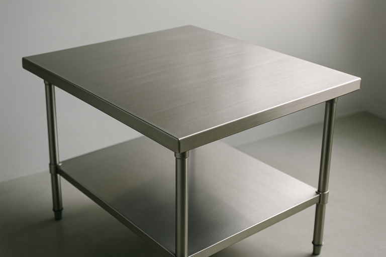 Finitura satinata su piano di lavoro professionale in acciaio inox con micro-rigature opache parallele visibili in primo piano
