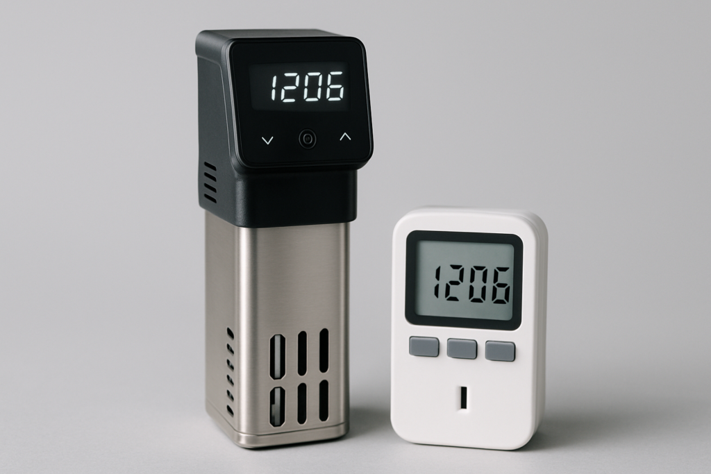 Watt: circolatore a immersione professionale e misuratore di potenza digitale in acciaio inox su sfondo grigio neutro