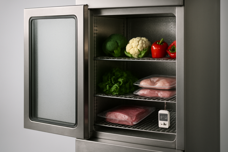 Umidità: vano frigorifero professionale socchiuso con condensa visibile sulle superfici e igrometro digitale su ripiano in acciaio inox