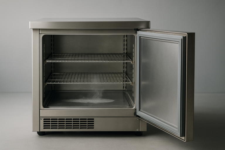 Evaporazione automatica: vassoio evaporatore in acciaio inox di un'unità refrigerata con condensa che evapora naturalmente