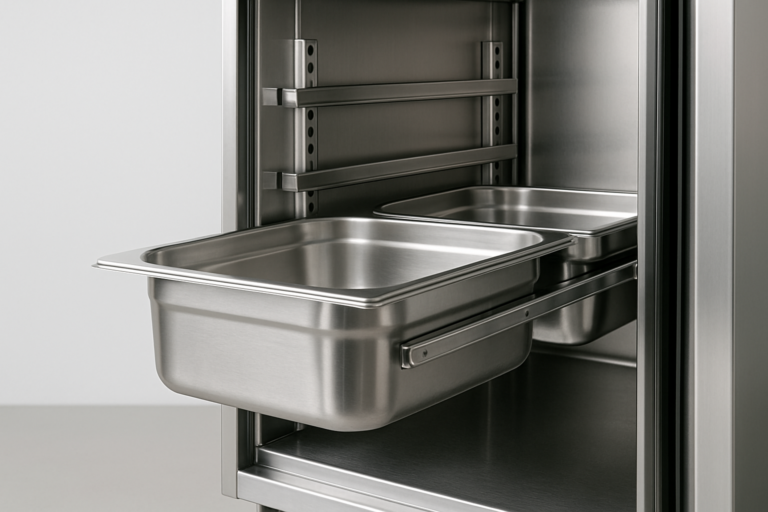 Guide GN in acciaio inox all'interno di un armadio professionale con bacinelle Gastronorm inserite sui binari laterali scorrevoli
