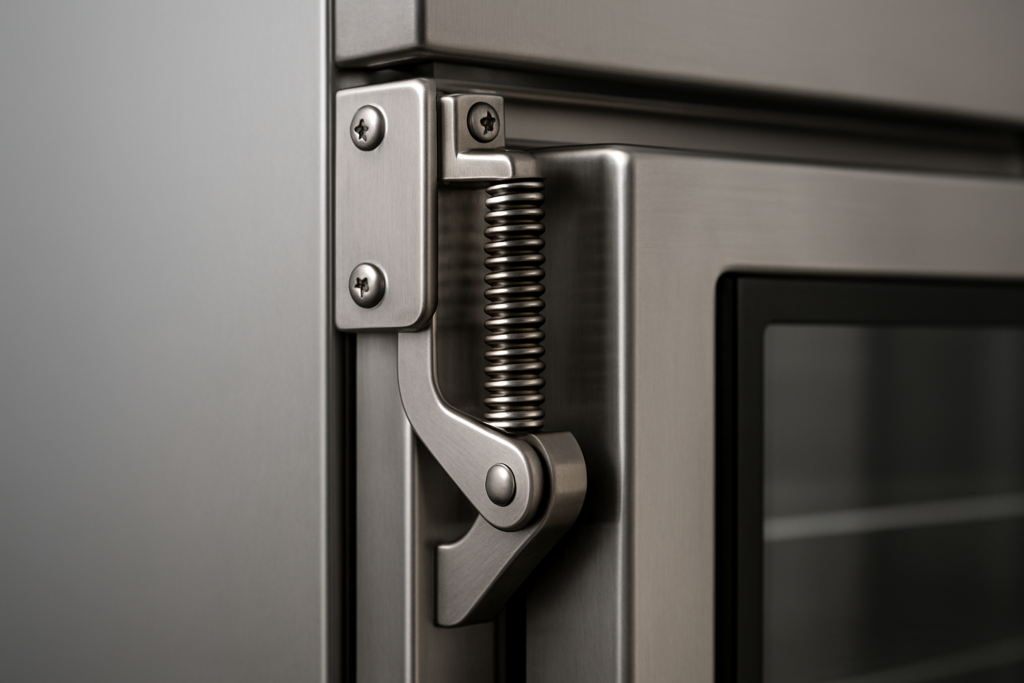 Molla di ritorno su cerniera di armadio frigo professionale in acciaio inox, meccanismo a spirale in primo piano, sfondo grigio neutro