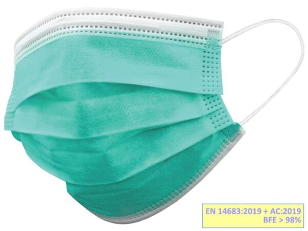 Mascherina Chirurgica Filtrante 98% 3 Veli Tipo IIR con Elastici Adulti Verde Ch
