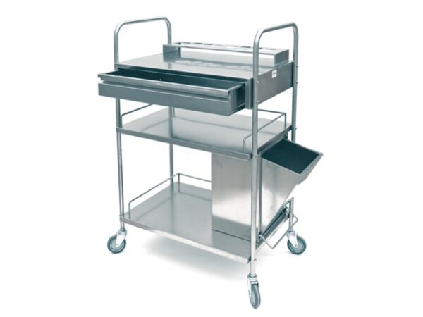 Carrello Rex per Medicazione in Acciaio Inox con 3 Ripiani e Cestino Rifiuti