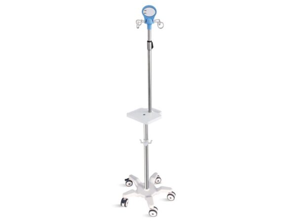 Piantana per Pompe Infusionali a 5 Ruote in Acciaio Inox con Manico Ripiano 4 Ga