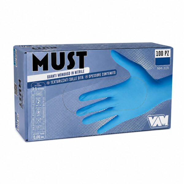 Guanti in Nitrile Blu senza Polvere Must DPI III DM I 3,5 Gr 100 Pezzi